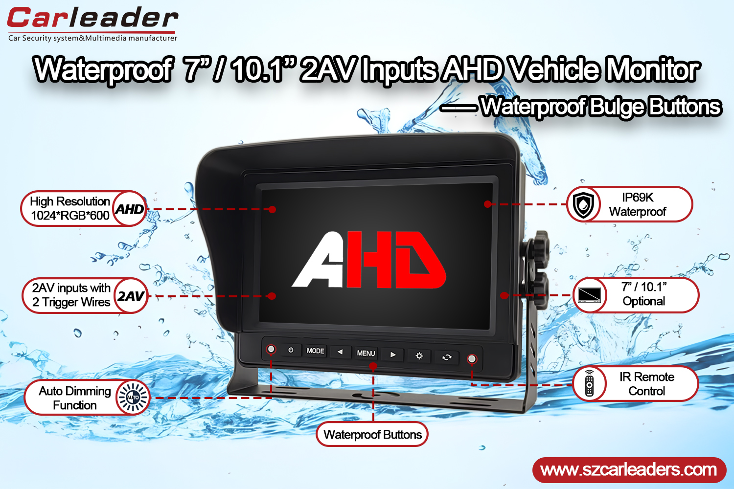 7 इन्च AHD IP69K कार रियर भ्यू वाटरप्रूफ मनिटर